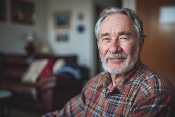 Obraz premium Portrait of a senior man with a welcoming smile and casual attire in a comfortable home setting
