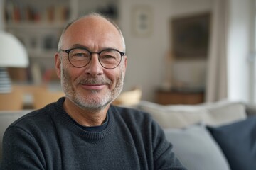 An elegant senior man with bald head and glasses smiling confidently in a home setting, showcasing wisdom and life experience