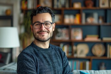 Cheerful young man with glasses smiling warmly in a modern, cozy home environment - obrazy, fototapety, plakaty