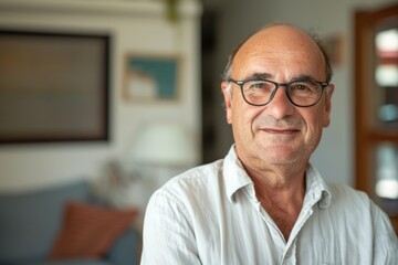 A senior man with glasses and a welcoming smile posing in a well-lit home environment