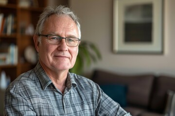 A confident mature man wearing glasses and a plaid shirt poses in a stylishly decorated room, exuding a sense of wisdom