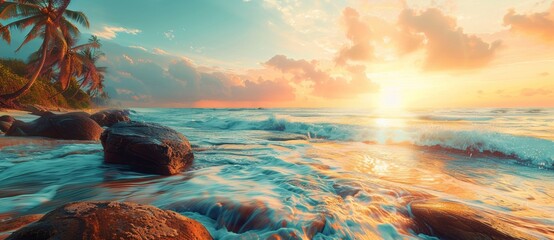 landscape view sea waves ocean sunset - Powered by Adobe