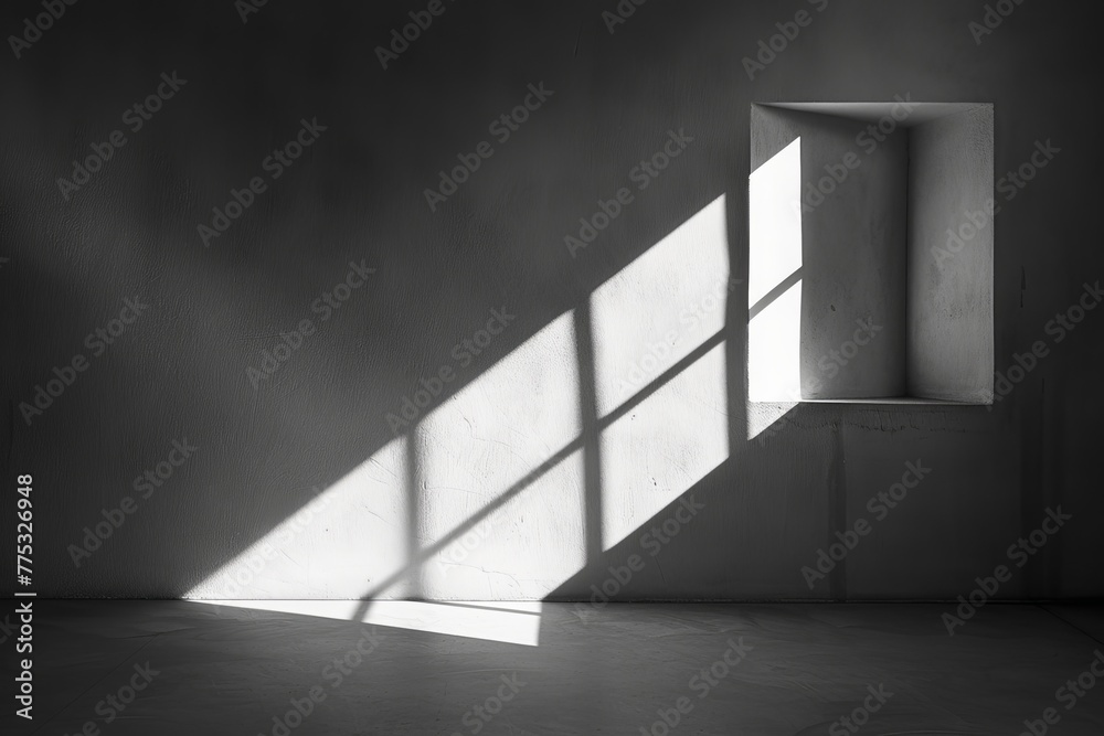 Fototapete Strong shadows cast by a window create a stark contrast in this black and white architectural capture