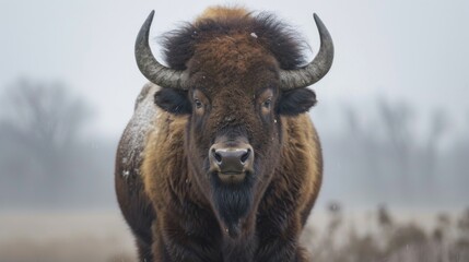 Buffalo in snowy nature with visible fur and horns in a winter wildlife portrait