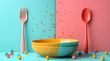 A dish on a pink and blue background. Table setting with copy space. Restaurant food concept. Minimalistic image.