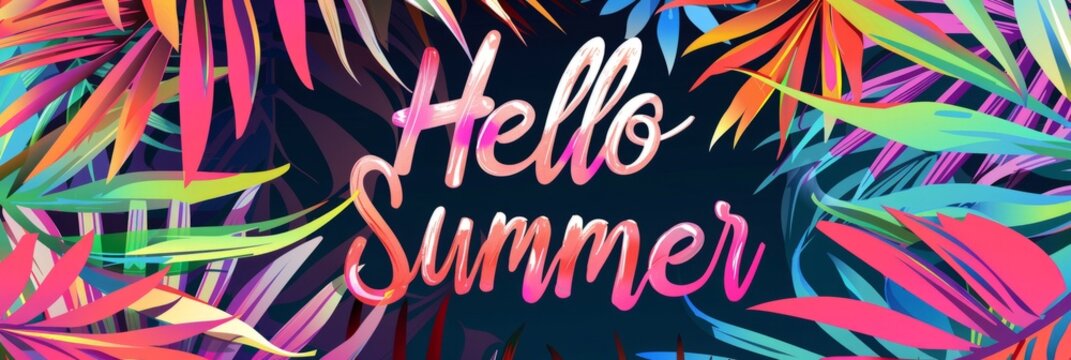 A vibrant and colorful banner with the text "Hello Summer" in bold, cursive script font against an abstract background of tropical leaves Generative AI