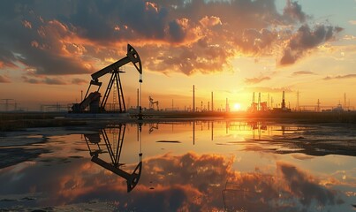oil production rigs at sunset - obrazy, fototapety, plakaty