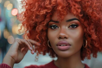 Striking woman with curly red hair and alluring makeup giving the camera an enchanting look