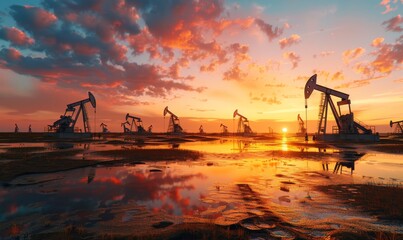 oil production rigs at sunset