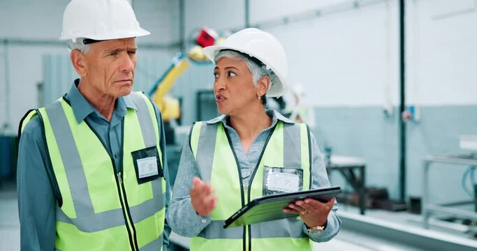 Senior, people and planning with tablet on construction site with safety gear for civil or mechanical engineering. Managers, conversation and digital technology for design, field inspection and info.