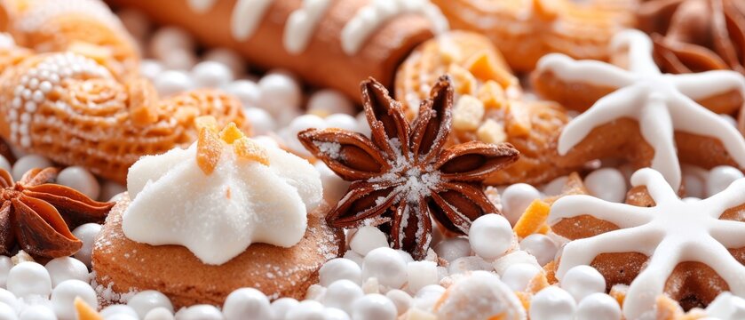   A close-up of various pastries adorned with icing and star anisettes on top of them