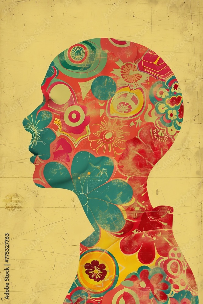 Poster a silhouette profile of a person filled with a colorful abstract floral pattern is a bold artistic s
