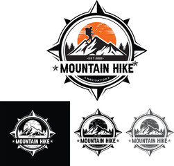 Obraz premium Mountain Hiking Logo Design. Outdoor hiking adventure, mountain, bike, silhouette of hiker, tree, sun and bird icon Mountain hiking logo template. Vector illustration. 