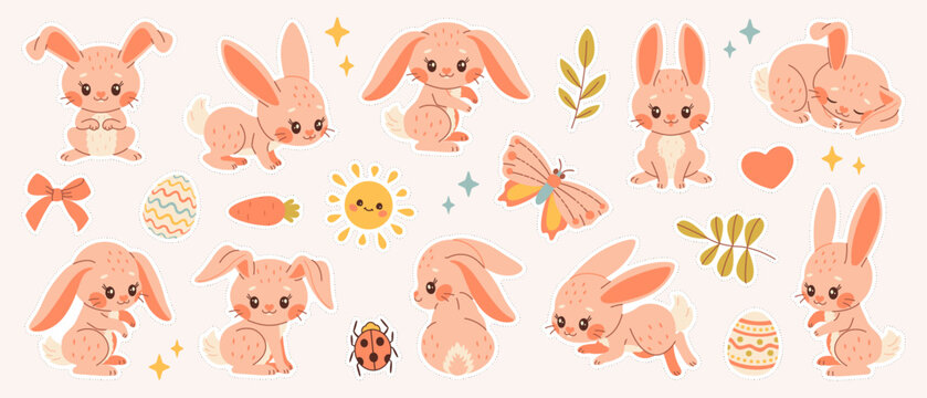 Naklejki Cute Bunny sticker set. Hand drawn cartoon spring rabbits stickers with animals and floral decor. Modern flat Vector illustration