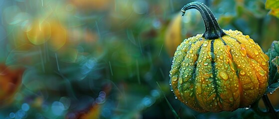   A detailed shot of a pumpkin resting atop a plant, featuring droplets of water adorning both its upper and lower surfaces - obrazy, fototapety, plakaty