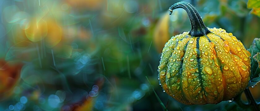  A detailed shot of a pumpkin resting atop a plant, featuring droplets of water adorning both its upper and lower surfaces