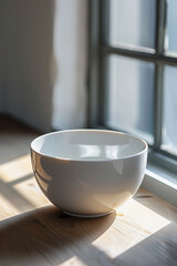 A white bowl sits on a wooden table in front of a window. AI.