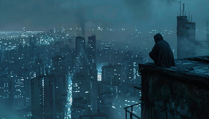 a man sitting on the rooftop of a building in the night