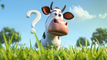 Cow in a field with a question mark symbolizing curiosity - 3D image of a cow in a lush green field with a question mark, reflecting nature's mysteries and exploration