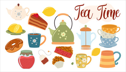Tea time or coffee set with cute cartoon cups, mugs, teapots, spoons, tea bag, infuser, sweets, sugar, macarons, cupcake, jam, lemon, camomile. Vector kitchen elements theme