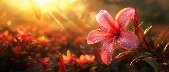   A pink flower with droplets on its petals amidst a field of red flowers, bathed in sunlight