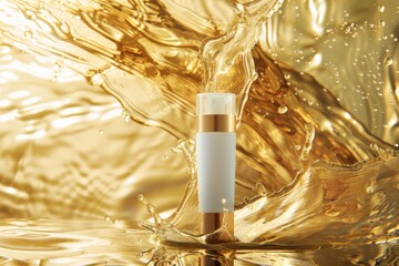 High-end skincare serum presented in an artistic golden wave backdrop, evoking a sense of sophistication