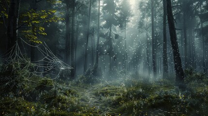 Mystical forest at dawn, mossy trees in dense fog, dewdrops on spider web, creating immersive scene