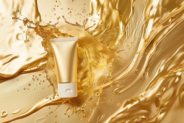 Beauty cream tube captured amidst an artistically rendered splash of golden fluid, symbolizing richness