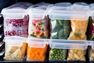Neatly packed and labeled food containers with various frozen vegetables and fruits in a home freezer. Organized Freezer with Labeled Food Containers