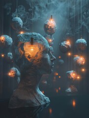 Sculpture head with smoky atmosphere and lights - A mysterious sculpture head surrounded by glowing bulbs and smokey tendrils against a dark backdrop, evoking thought