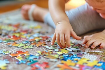 An adorable moment captured as a toddler lies on the carpet engrossed in fitting puzzle pieces together, showing early learning