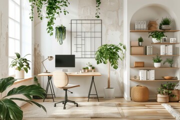 A beautifully designed modern home office space with a minimalist approach, wooden furniture, and green plants