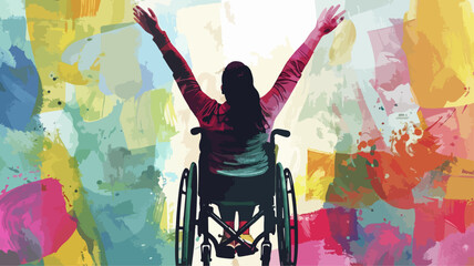 Frau Rollstuhl Hände Hoch Siegerin Behinderung Freude Kunst Bunt Lebensfreude Gehbehindert Unfall Triumphiert  - obrazy, fototapety, plakaty