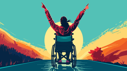 Frau Rollstuhl Hände Hoch Siegerin Behinderung Freude Bunt Lebensfreude Gehbehindert Unfall Triumphiert Bestanden  - obrazy, fototapety, plakaty