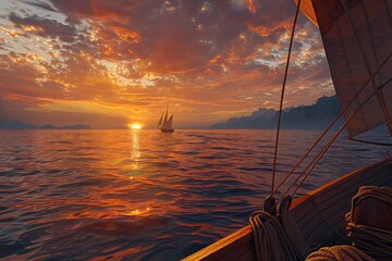 Stunning view from a vintage-looking yacht with setting sun spreading golden light over the sail,...