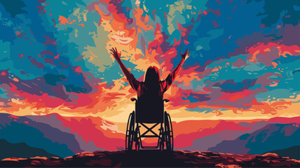 Frau Rollstuhl Triumphiert Siegerin Aussicht Silhouette Behinderung Freude Bunt Lebensfreude Gehbehindert Unfall - obrazy, fototapety, plakaty