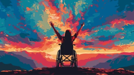 Foto op Plexiglas Frau Rollstuhl Triumphiert Siegerin Aussicht Silhouette Behinderung Freude Bunt Lebensfreude Gehbehindert Unfall © THM