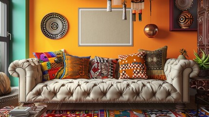 A vibrant and eclectic living room interior, showcasing a bold wall poster mockup on a brightly colored accent wall