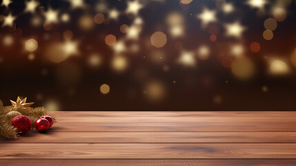 Wooden table with Christmas decorations On the background a wall with gold lights. bokeh background