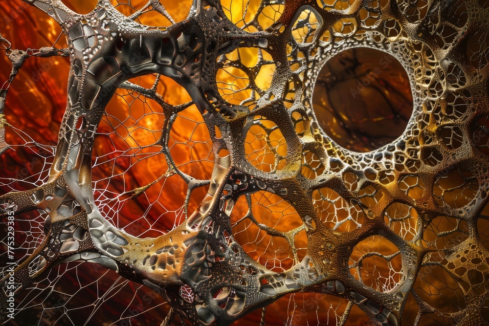 Poster Stunning image depicting a complex web-like structure in shades of golden brown that resembles organic, interconnected tissue or neural networks