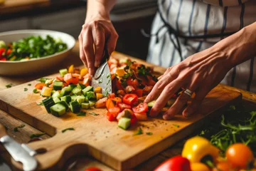 Fotobehang An engaging scene of hands meticulously dicing fresh vegetables on a cutting board, ideal for healthy lifestyle imagery © ChaoticMind