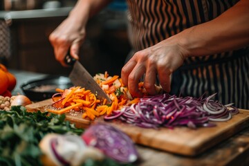 A vibrant image showcasing a person slicing various colorful vegetables, highlighting the joy of cooking at home