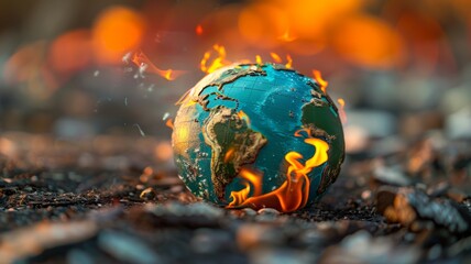 Obraz na płótnie Canvas Globe on fire on ash background - A close-up view of a globe engulfed in flames on a bed of ashes symbolizes global destruction and warming
