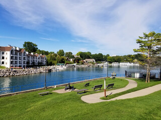 Scenic water front park in downtown Charlevoix Michigan - 775329500