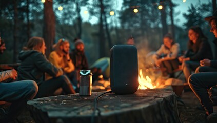 Photo of a futuristic portable electric speaker placed on an outdoor camping table surrounded by people sitting around campfires in nature at night. AI generated illustration - obrazy, fototapety, plakaty