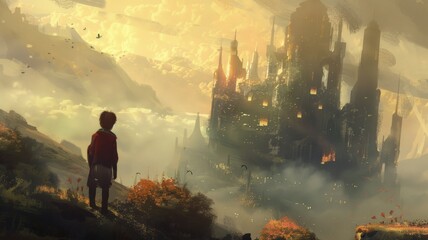 Child gazing at majestic floating city - A young child standing before a grand, ethereal floating city amidst a golden, misty landscape with soaring birds