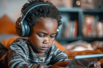 african preschool child using tablet with headphones, black little kid watching cartoon, playing game or learning on a digital device, toddler screentime usage concept - Powered by Adobe