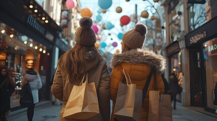  Black friday concept. Discounts and sales, Two happy girlfriends looking on the shopwindow while standing with shopping bags near the mall ai generated  - obrazy, fototapety, plakaty