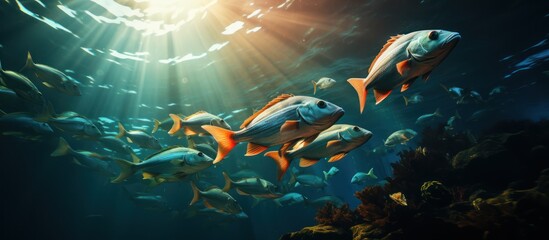 a collection of fish under deep sea water - Powered by Adobe