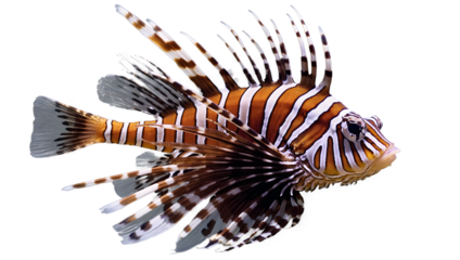 Lionfish showcases its unique fins and patterns while isolated against a white background, png.